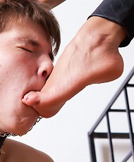 Slave is let out of his cage to get his mouth gagged with his dommes feet